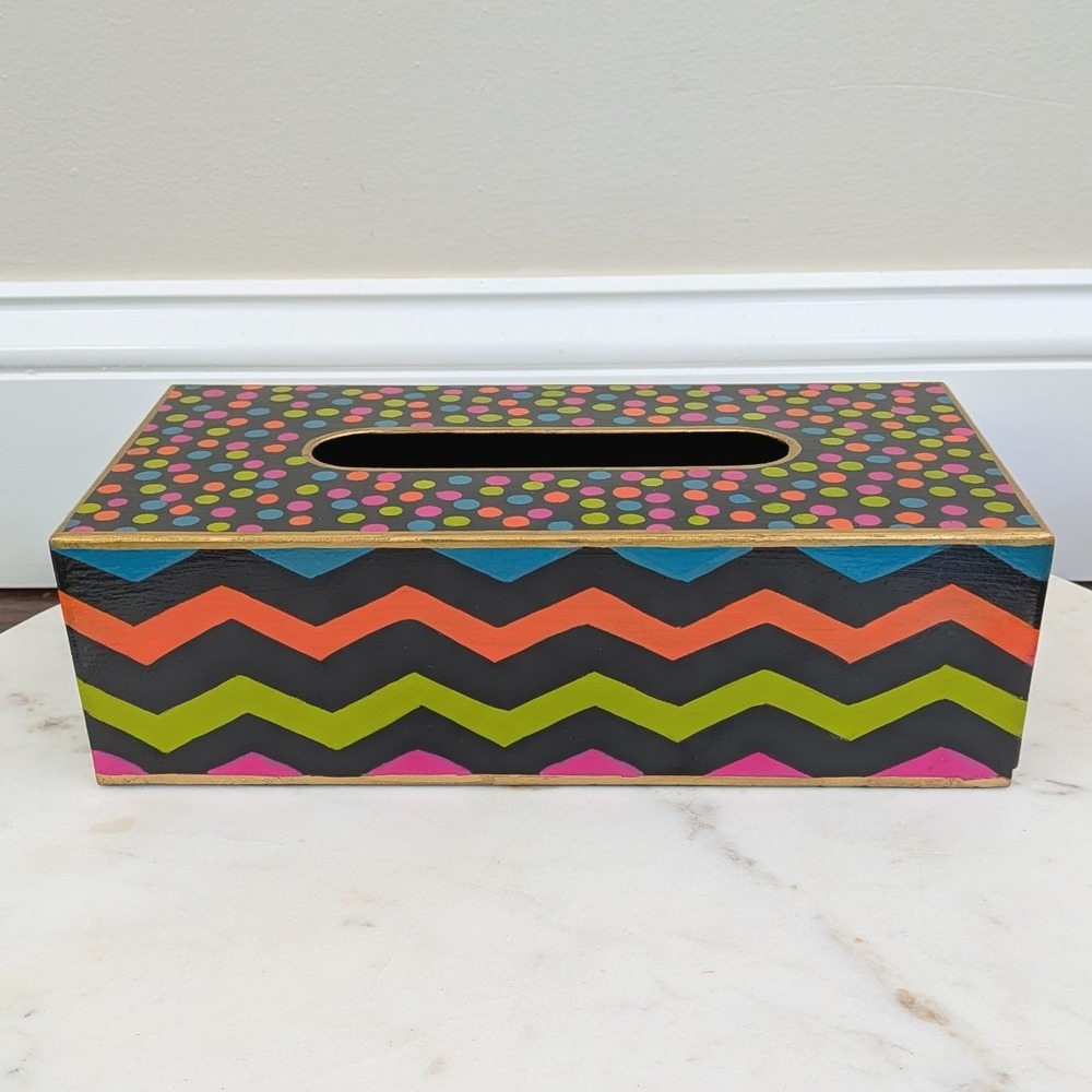 Mackenzie Childs Trampoline Standard Tissue Box Cover Bright Zig Zag Polka Dots